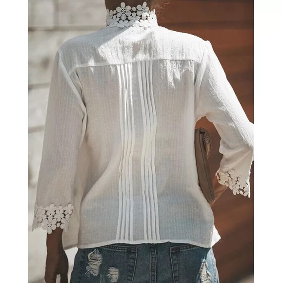Summer Cotton Crochet Lace Quarter Sleeve Top - Picture 5 of 6